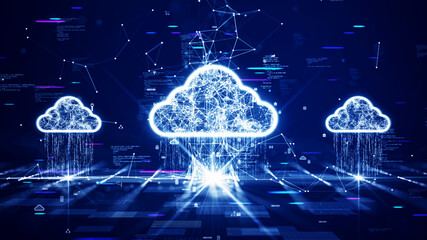 Cloud and edge computing technology concept with cybersecurity data protection system. Upload the binary code to the cloud icon. Interlocking polygons and small icons on a dark blue background. - obrazy, fototapety, plakaty