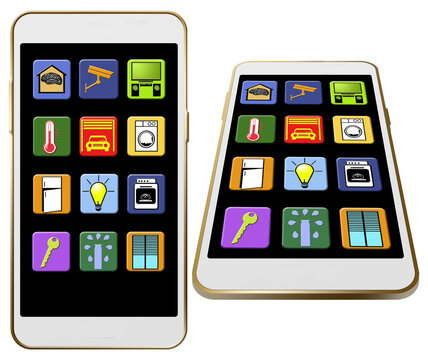 Here is a cell phone with smart home app icons on the screen and the image is isolated on a transparent background.