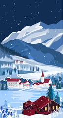 Mountain valley landscape in winter with house and lake in the foreground. Vector illustration - 569231836