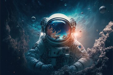 Obraz na płótnie Canvas a man in a space suit standing in the middle of a rocky area with planets in the background and a bright light shining through the window. generative ai