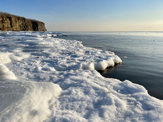 View of Cape  Vyatlina on Russkiy Island in Vladivostok in winter. Russia