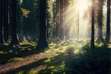  the sun shines through the trees in a forest filled with grass and rocks, while the sun shines through the trees in the distance.  generative ai