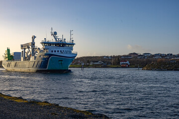 Fototapeta premium MS Nyksund is a high-tech vessel. This includes, among other things, environmentally friendly LNG-powered propulsion machinery supplied by Rolls Royce.,Here in Brønnøysund,Helgeland coast,Norway