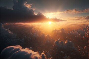  the sun is setting over the clouds in the sky over the ocean of water, and the sky is dark blue and cloudy, and the sun is shining through the clouds.  generative ai
