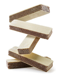 Wafers biscuits are falling on a pile on a white background. isolated
