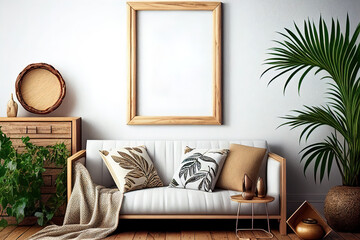 Mockup poster frame in minimalist modern interior background, boho, 3d render