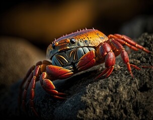 Ecuador's Galápagos Islands provide the setting for this up-close photograph of a red rock crab. Generative AI