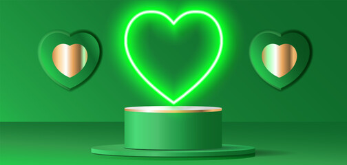 A green room with a green stand podium in front of a green heart shape neon and heart shape Valentines day minimal scene for product display presentation.