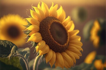  a painting of a sunflower in a field of sunflowers with a brown sky in the background and a yellow sky in the background.  generative ai