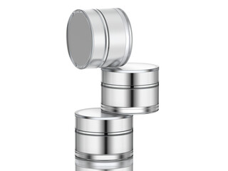 3 of clear acrylic cosmetic or skin care jar with rough-silver color are stacked.on white background.3d rendered.  