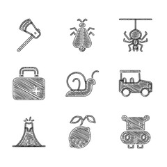 Set Snail, Lemon, Hippo or Hippopotamus, Safari car, Volcano eruption, First aid kit, Spider and Wooden axe icon. Vector