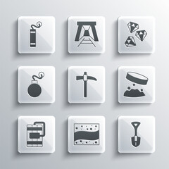 Set Gold mine, Shovel, Giant magnet holding iron dust, Pickaxe, Dynamite, Bomb, and Gem stone icon. Vector