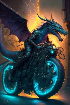 Man Riding A Motorcycle With A Dragon On It. Generative Ai.