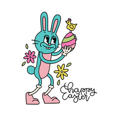 Retro cartoon Easter Hunny Bunny character holding big painet egg and chicken. Spring holiday concept in trendy retro 80s 70s cartoon style. Vector doodle drawn illustration