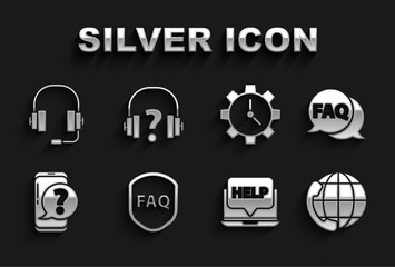 Set Shield with text FAQ, Speech bubble, Telephone 24 hours support, Laptop and help, Mobile question, Time Management, Headphones and icon. Vector