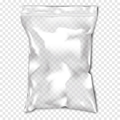 Clear glossy resealable plastic bag with zip lock on transparent background realistic vector mock-up. Empty blank zipper PVC vinyl package mockup. Template for design