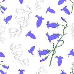 Seamless pattern of lilac bellflowers. Doodle style flower pattern. Vector illustration.