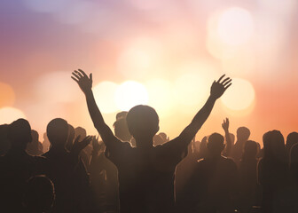 Christian worship God together in Church hall in front of music stage - obrazy, fototapety, plakaty