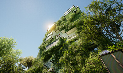 Modernes Haus der Zukunft mit vertikalen Gärten und Photovoltaikmodulen bei Tageslicht
