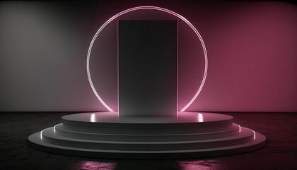 Stylish podium with neon illumination. AI Generative