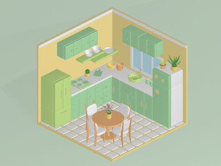 Isometric house. Modern room interior design with bedroom, living room, kitchen, bathroom. 3d vector home interior ,cartoon cute