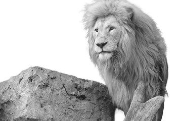 Black and white lion profile with rock and wood