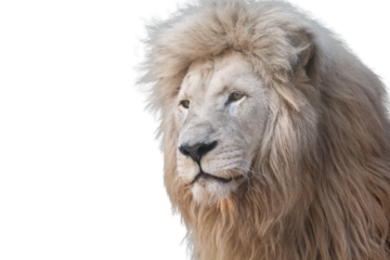White lion portrait, left profile close-up, isolated