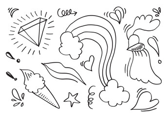 Hand drawn doodle design elements.diamond, cloud, Arrow, heart, mouth, ice cream.
