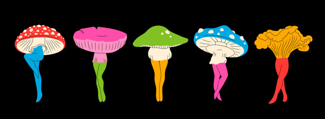 Set of various Mushrooms with graceful female legs. Abstract ladies with mushroom hats. Hand drawn modern Vector illustration. Unique creatures, isolated characters. Psychedelic, trip concept - obrazy, fototapety, plakaty
