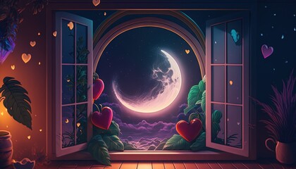  an open window with a view of the moon and a full moon in the sky and a heart - shaped window with a view of the moon.  generative ai
