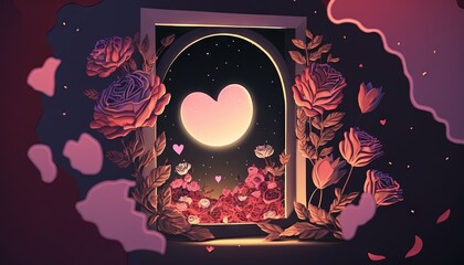  an open window with a night sky and flowers on it and a heart shaped window frame in the middle of the window is a full moon.  generative ai