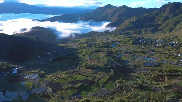 Cinematic aerial top view of Mountains, Fields and Rice Paddies