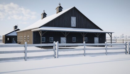 a barn in the snow with a fence and a snow covered field in front of it and a white fence in front of the barn.  generative ai