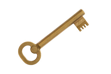 Old skeletal brass key isolated on transparent background.