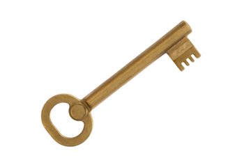 Old skeletal brass key isolated on transparent background.