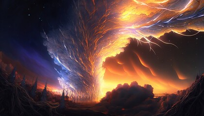  a painting of a huge, massive, orange and blue fire and water swirls in the sky above a dark, mountainous area with trees and clouds.  generative ai