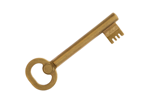 Old skeletal brass key isolated on transparent background.