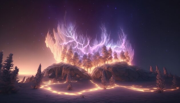  a computer generated image of a mountain covered in fire and ice with a lightning effect in the middle of the mountain and trees in the foreground.  generative ai