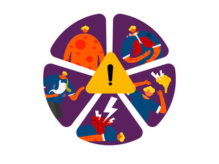 Cartoon of anaphylaxis warning signs and symptoms.