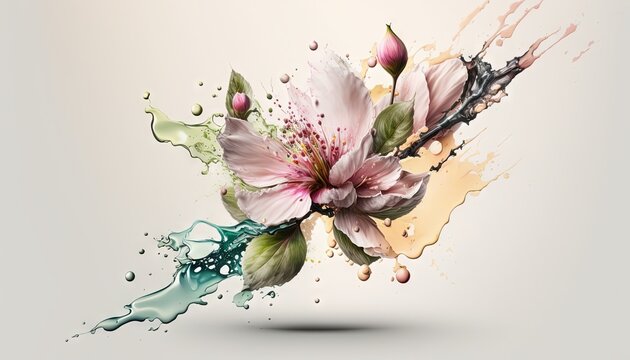  a pink flower with green leaves and water splashing on it's petals, on a white background, with a light gray background.  generative ai