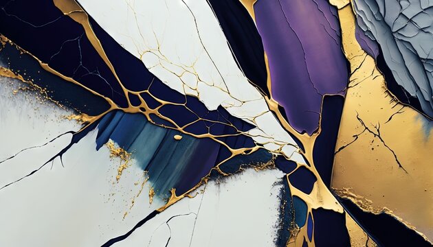  a close up of a piece of art that looks like a painting with gold and blue paint on it and a white background with gold foiling.  generative ai