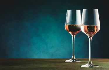 Rose pink wine with jalapeno pepper in wine glass, dark background, copy space