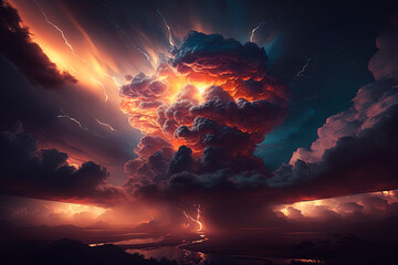 Storm. Eruption. Explosion. Impressive forest fire clouds. Generative AI