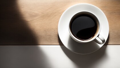  a cup of coffee sitting on top of a wooden table next to a shadow of a person's hand on the wall behind it.  generative ai