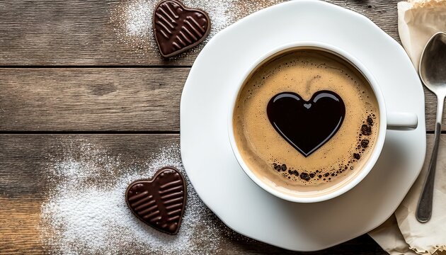  a cup of coffee with a heart in the foam on top of it next to a spoon and two heart shaped cookies on a wooden table.  generative ai