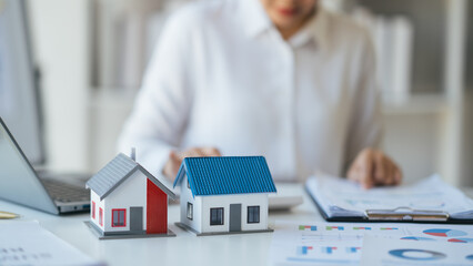 Close up view of young female real estate agency estimating the cost of the housing for the...