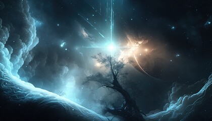  a painting of a tree in the middle of a night sky with a star in the middle of the sky and a star in the middle of the sky.  generative ai