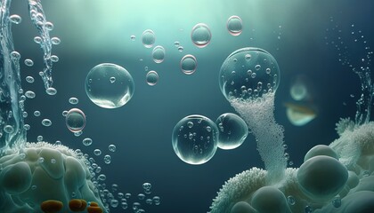  a group of bubbles floating in the air next to a blue background with a fish and a coral under water bubbles on the bottom of the water.  generative ai