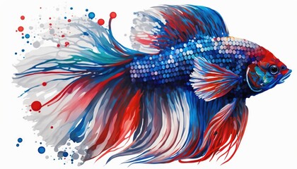  a colorful fish with red, white and blue colors on it's body and tail, with water droplets on its side, and a white background.  generative ai