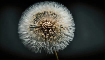  a dandelion flower with lots of seeds in it's center and a black background with a light reflection on the top of the dandelion.  generative ai